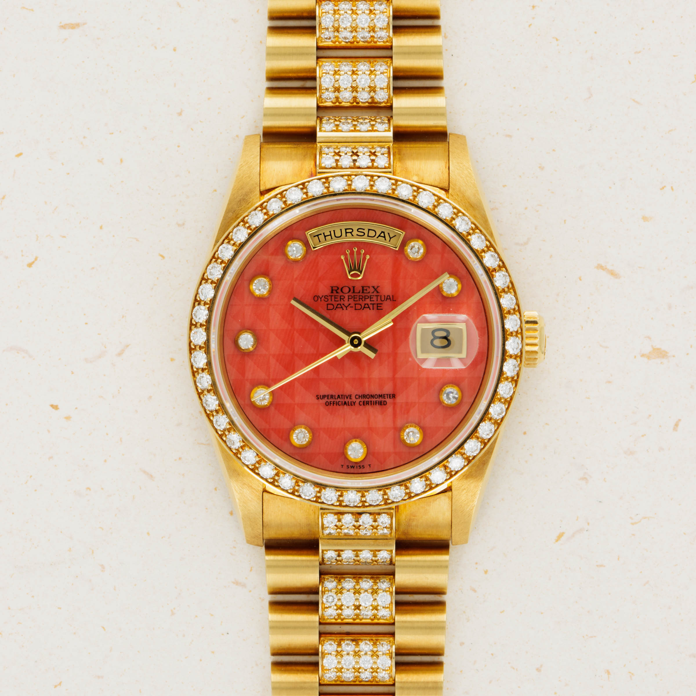 Rolex Day-Date 18348 Crown Collection Coral Serti Dial Diamond