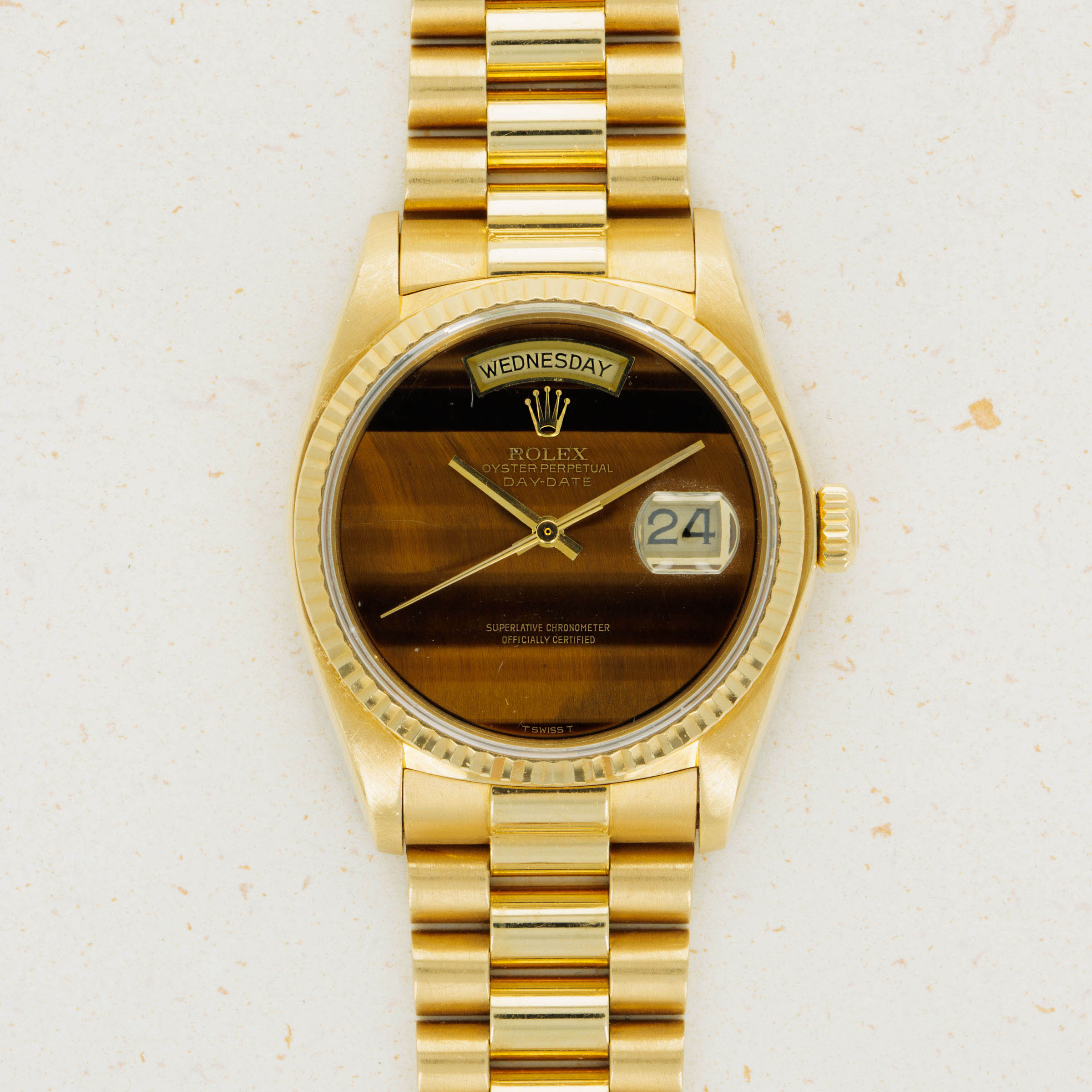 Rolex Day Date 18038 Yellow Gold Tiger s Eye Dial Auctions