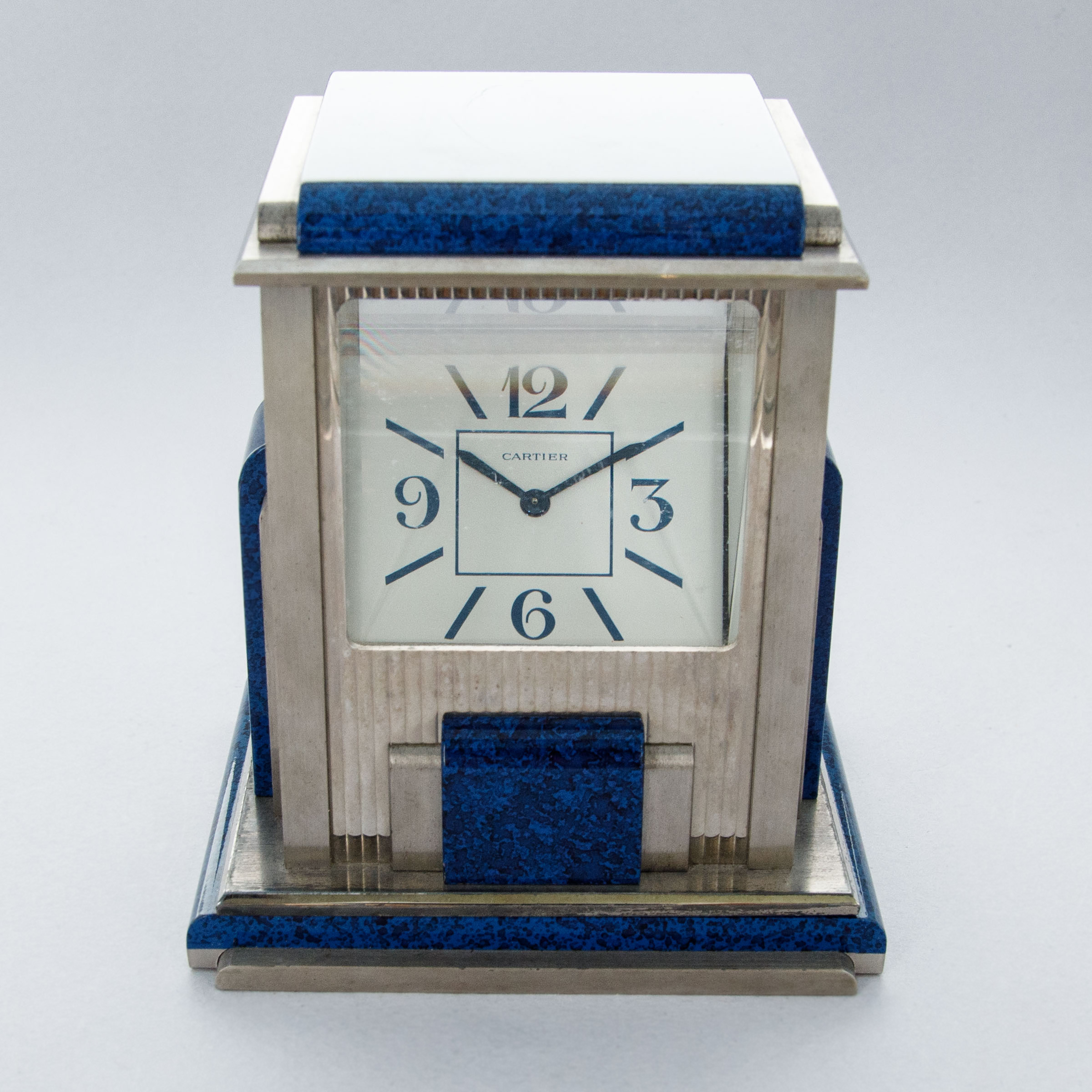 CARTIER PRISM CLOCK SILVER PLATE SIMULATED LAPIS LAZULI QUARTZ